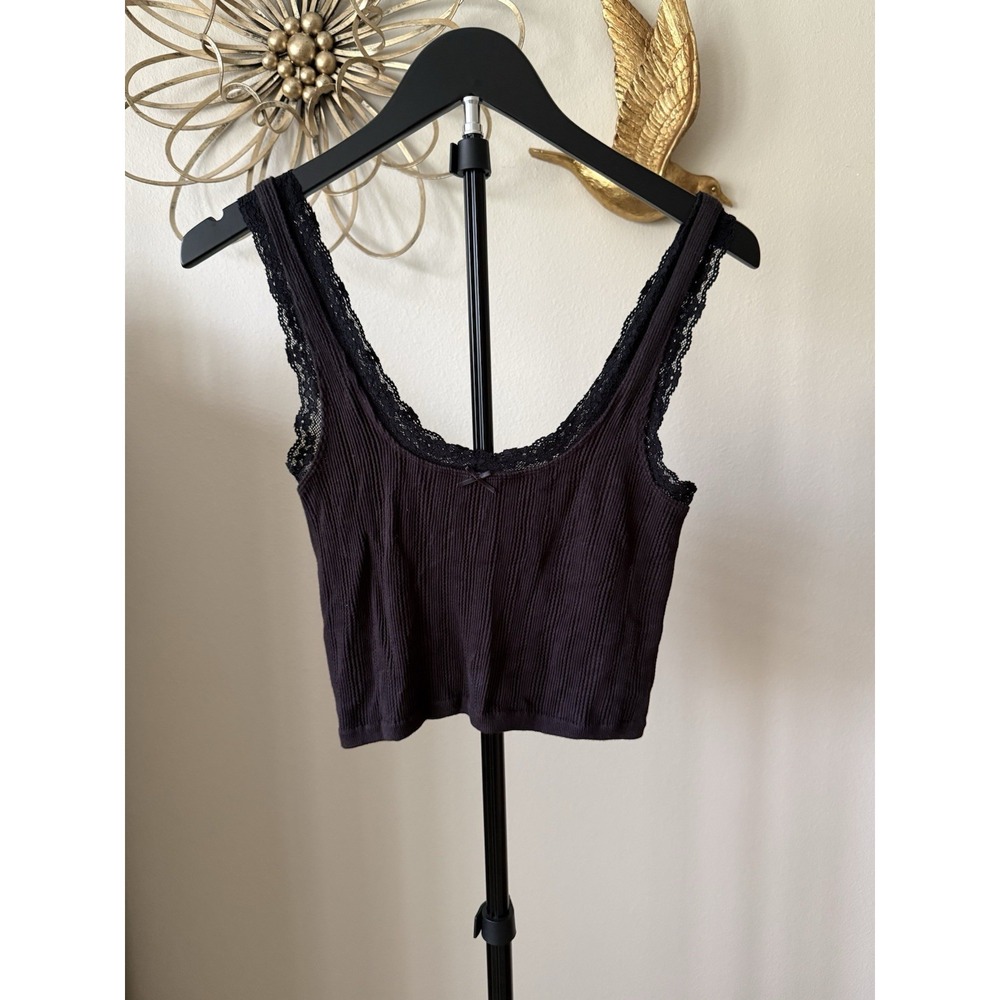 Florence by Mills Lace Trim Crop Tank M Black Ribbed Cami NWT $24.95